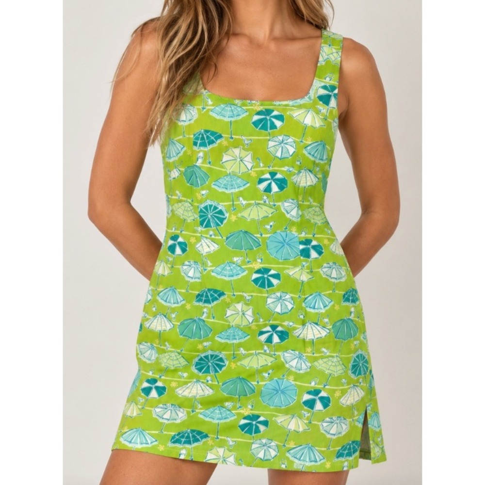 Lilly Pulitzer Vintage Green Beach Umbrella Print Cotton Shift Dress Size 6